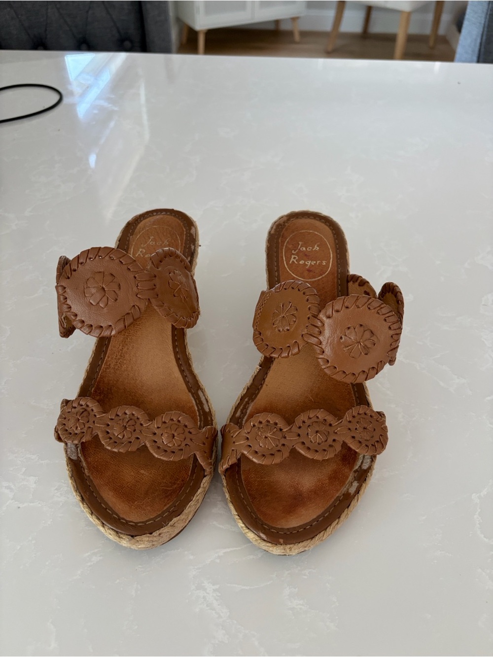 Jack Rogers Brown Leather Slide Sandals with Whipstitch Medallions